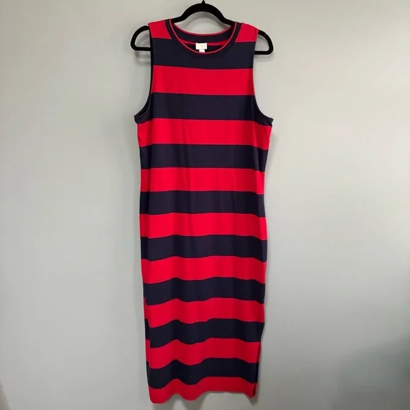 a new day Red Navy Blue Striped Sleeveless Cotton Midi Dress Side Slit Size LG - Picture 2 of 6